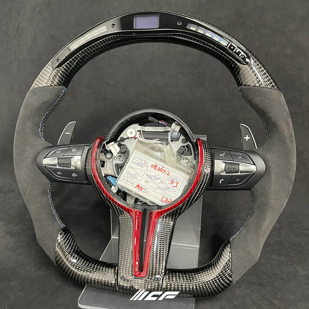 Carbon Fiber LED Steering Wheel + Red aluminum paddles for BMW 1 ,2 ,3, 4, 5, 6, 7 ,X series,I3, M4, M5, M8, M3