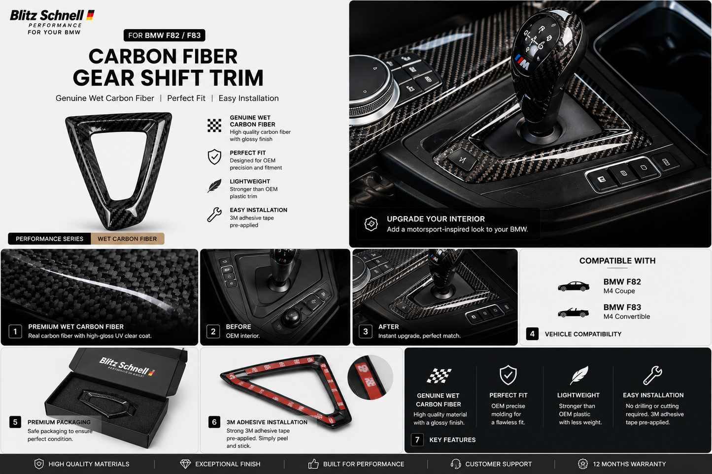 BMW F82 F83 Carbon Gear Shift Surround Trim | Wet Carbon Fiber