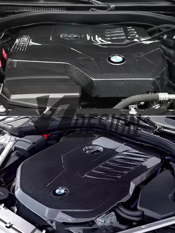 Carbon fibre engine bay components for BMW 4 Series G22: bonnet and radiator grills cover for B48/B58 engines