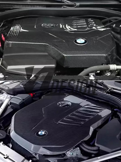 Carbon fibre engine bay components for BMW 4 Series G22: bonnet and radiator grills cover for B48/B58 engines