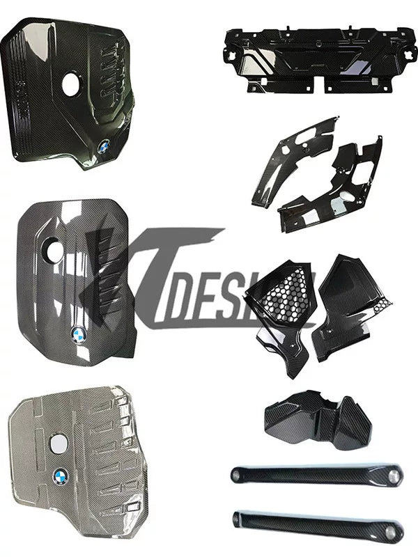 Carbon fibre engine bay components for BMW 4 Series G22: bonnet and radiator grills cover for B48/B58 engines