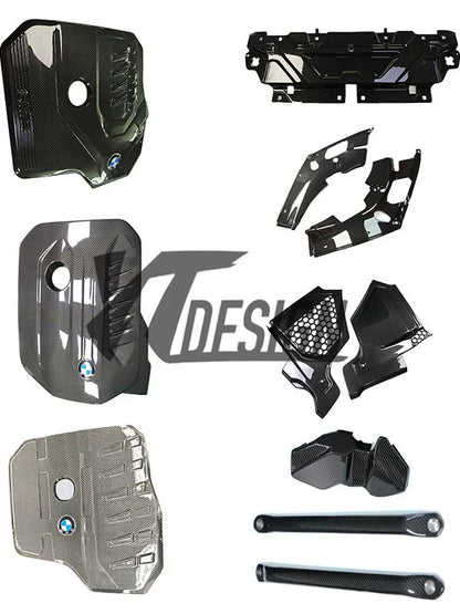 Carbon fibre engine bay components for BMW 4 Series G22: bonnet and radiator grills cover for B48/B58 engines