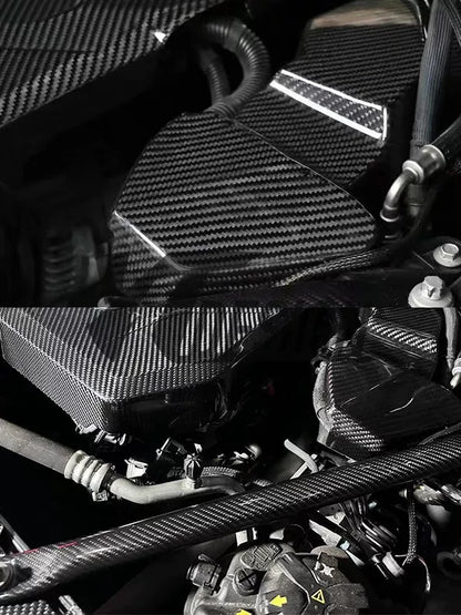 Carbon fibre engine bay components for BMW 4 Series G22: bonnet and radiator grills cover for B48/B58 engines