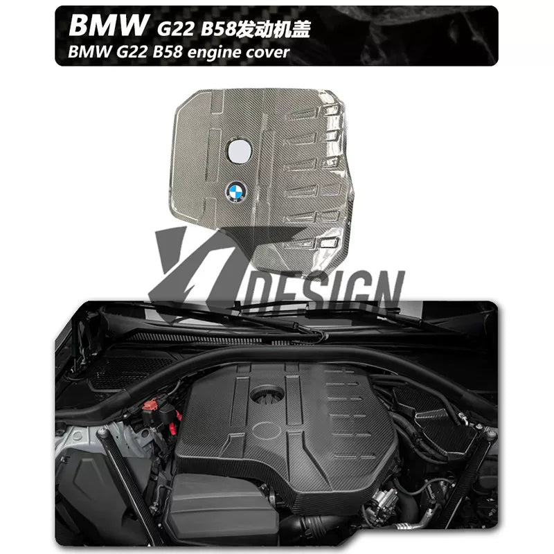 Carbon fibre engine bay components for BMW 4 Series G22: bonnet and radiator grills cover for B48/B58 engines