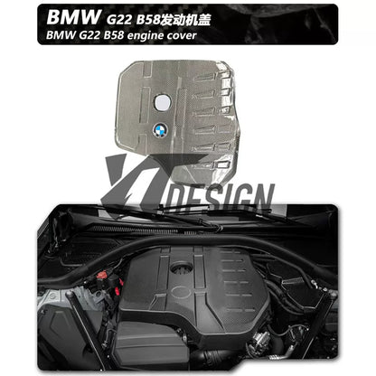 Carbon fibre engine bay components for BMW 4 Series G22: bonnet and radiator grills cover for B48/B58 engines